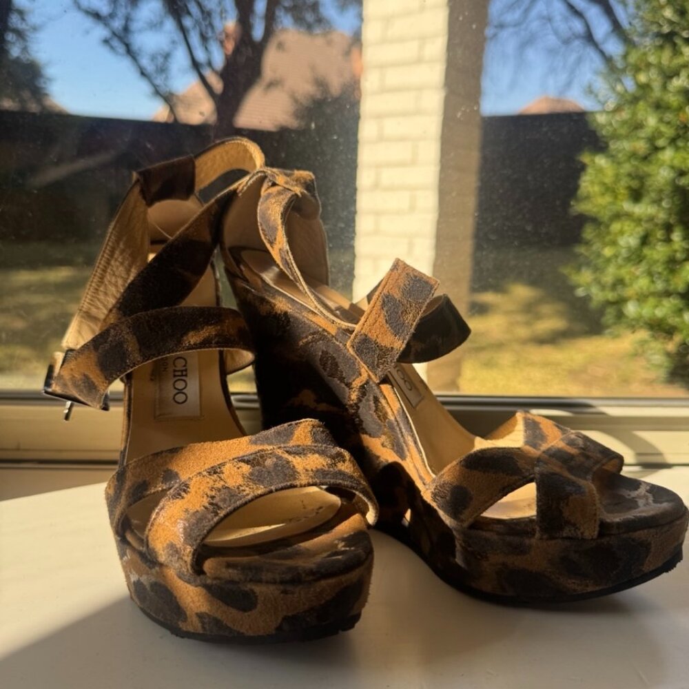 Jimmy Choo Leopard Print Wedge Sandals Size 36.5